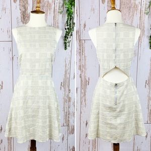 Cut-out Back Cotton Cream Gray Checked Dress Flare